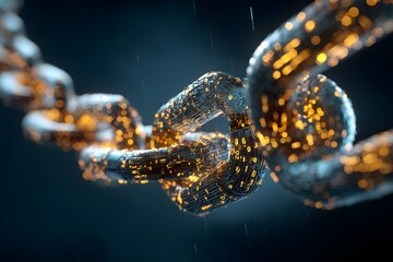 A digital illustration of an abstract chain symbolizing blockchain technology, with glowing data streams and binary code in the background. 