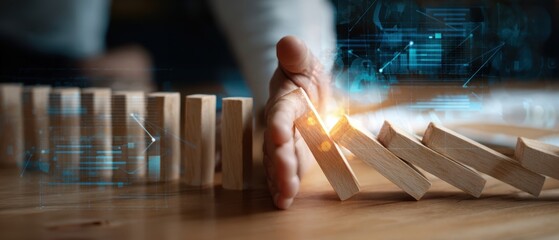 The Hand Stopping Falling Dominoes Representing Risk Management And Digital Disruption Prevention