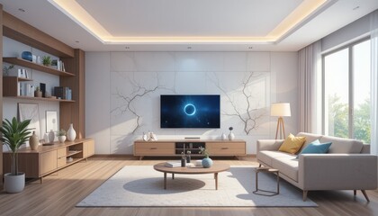 Modern Living Room Interior Design with Wooden Furniture and Large TV
