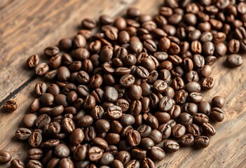 Roasted coffee beans scattered on rustic wooden surface,  agriculture,  image
