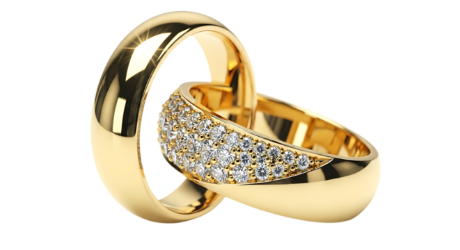Elegant gold wedding bands intertwined symbolizing love and commitment on black backdrop