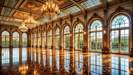 Fototapeta premium Luxury grand ballroom with tall arched windows and chandeliers elegant architectural interior with glamorous luxury style