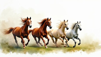 Four majestic horses, mix of chestnut, bay, white, gallop dynamically across rich green field in vibrant watercolor style. Artwork captures raw energy, freedom, grace of powerful equine animals in