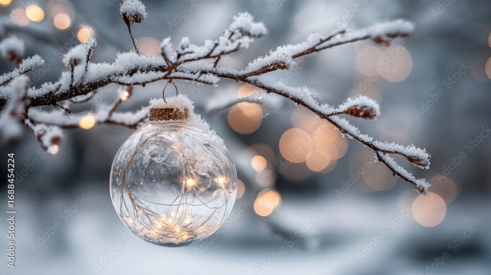 Poster a delicate branch covered in snow holds a transparent ornament filled with warm lights, creating a b
