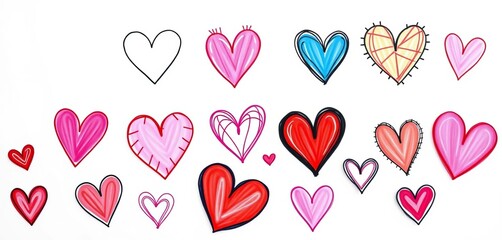 Various hand-drawn hearts, diverse styles, isolated white background,  yellow,  background