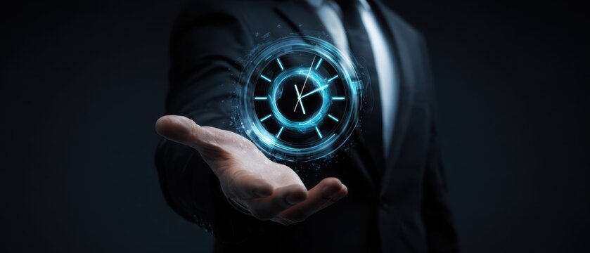 The Clock Hologram in a Businessman's Hand Representing Time Management and Efficiency