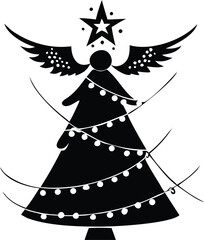 Christmas tree angel silhouette with lights isolated on transparent background
