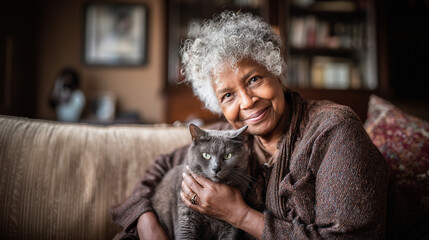 Smiling happy elderly woman relaxes indoors with his cat, sharing warmth companionship
