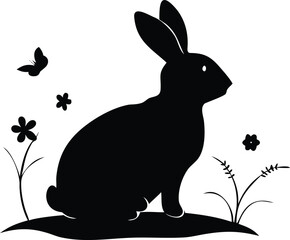 Black silhouette of a rabbit sitting in a field with flowers and a butterfly isolated on transparent background