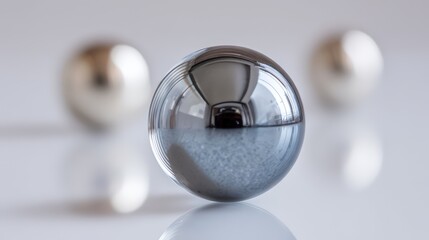 A shiny spherical object, reflecting its surroundings on the floor.