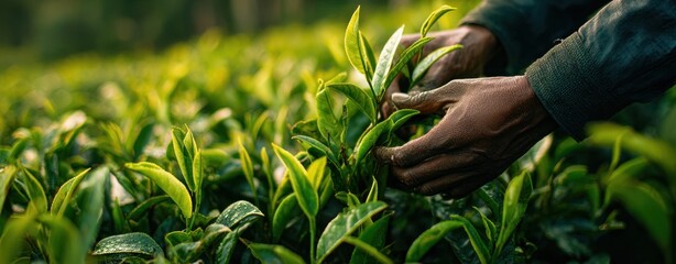 The hands carefully harvesting fresh tea leaves in a lush green field.