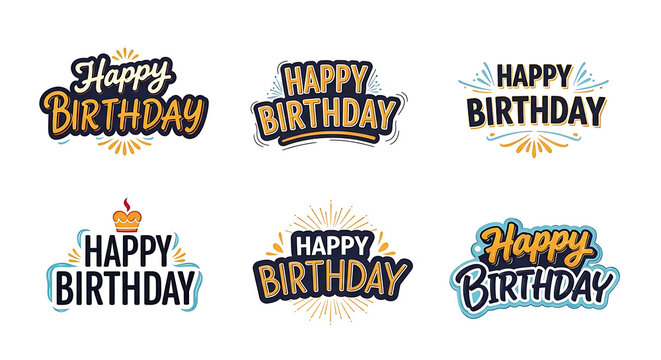 A collection of six stylish and modern 'Happy Birthday' typographic designs for greetings and celebrations.