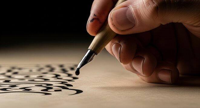An extreme close-up captures a drop of ink suspended from a calligrapher's pen over a traditional manuscript.