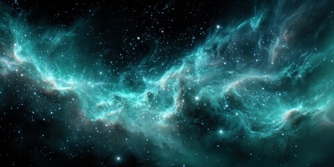 Deep space nebula, turquoise clouds of gas and dust, speckled with stars
