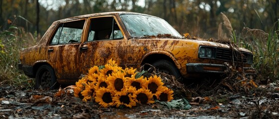 Fototapeta premium Sunflowers and Abandoned Rusty Car in Autumn