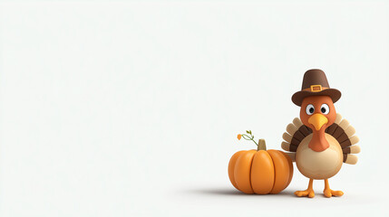 Thanksgiving Turkey and Pumpkin: A whimsical, digitally rendered turkey, complete with a pilgrim hat, stands proudly next to a vibrant pumpkin, ready to celebrate the spirit of Thanksgiving.