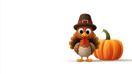 Fototapeta premium Thanksgiving Turkey and Pumpkin: An adorable cartoon turkey, adorned with a pilgrim hat, stands beside a vibrant orange pumpkin, heralding the spirit of Thanksgiving.