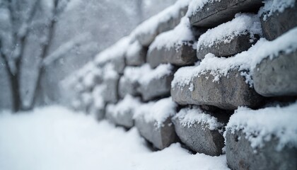 Closeup of stone wall with snow accumulation. Grey stones stacked, showcasing textured masonry with frost details. Winter landscape background with trees, light snowfall creating cold atmosphere.