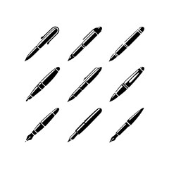 Collection of nine classic black fountain pens with silver accents arranged in a 3x3 grid displayed in a stylized artistic manner vector
