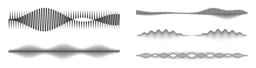 Set of sound waveforms and audio signals on white background, illustrating different frequencies, amplitudes, and patterns.