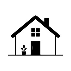 Simple house icon symbol simple line art drawing of a residential building with chimney and plant representing home and real estate concepts vector