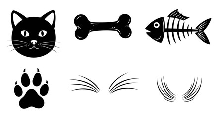 A set of six black and white pet-related icons, including a cat face, a bone, a fish skeleton, a paw print, and whiskers.