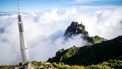 Tower and mountain peak above clouds
