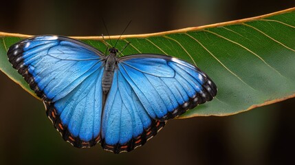 Vibrant blue butterfly resting on a green leaf.