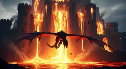 A solitary dragon soars over a landscape consumed by molten lava, with a massive castle in the background crumbling under a relentless cascade of fiery destruction.

