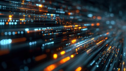 Abstract digital network flow.  Blurred lines and dots of glowing orange and teal energy stream across a dark background, creating a sense of speed and data movement