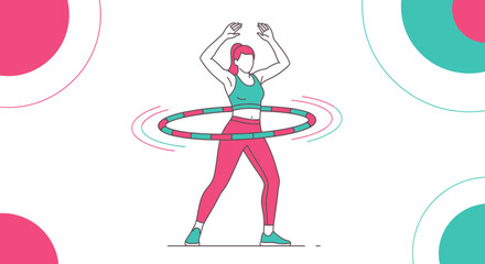 Woman Performing Hula Hoop Exercise Against a White Background With Colorful Decorative Elements