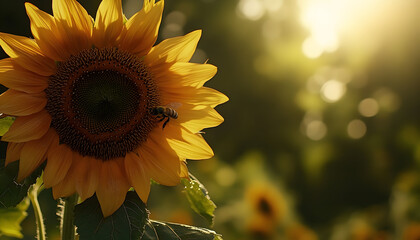 Naklejka premium Honeybee Gathering Nectar from a Golden Sunflower in Warm Sunlig