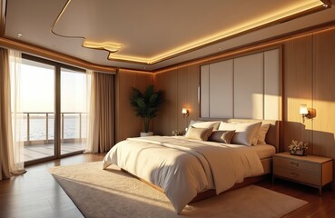 Luxury bedroom interior on yacht, featuring large bed with plush pillows, elegant wood paneling. Floor-to-ceiling windows offer stunning sea views, with soft sunlight illuminating room. Modern design