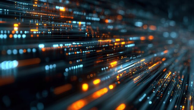 Abstract digital network flow.  Blurred lines and dots of glowing orange and teal energy stream across a dark background, creating a sense of speed and data movement