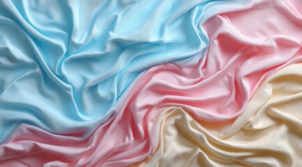 Fototapeta premium colorful pastel blue, pink, and cream soft fabric background with wavy folds.