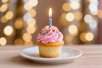 A charming cupcake topped with pink frosting and a candle, ideal for birthdays and joyful gatherings