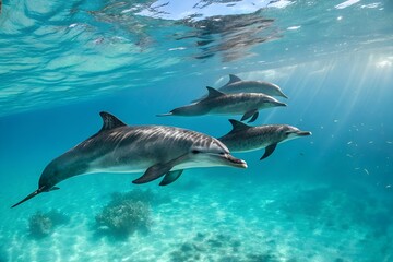 Fototapeta premium Three dolphins swimming together in clear blue ocean water