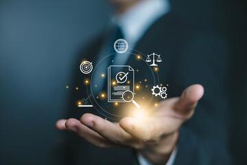 Corporate compliance and legal document approval concept with a businessman holding digital...