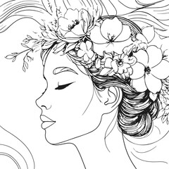 Black and white continuous line art of woman’s profile with floral crown, elegant vector outline, luxury skincare packaging 1