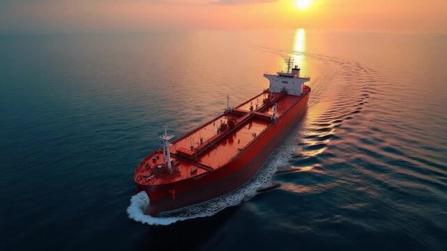 The tanker sails on the sea at sunset. Transportation of ship fuel. Drone view