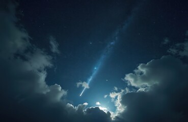 Starry night sky features clouds, moonlight illuminating meteor streak across deep blue expanse. Subtle light, cosmic dust create sense of wonder, vastness. Milky Way visible, evoking astronomical