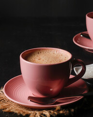 Hot Chai Tea in Pink Cup on Dark Background
