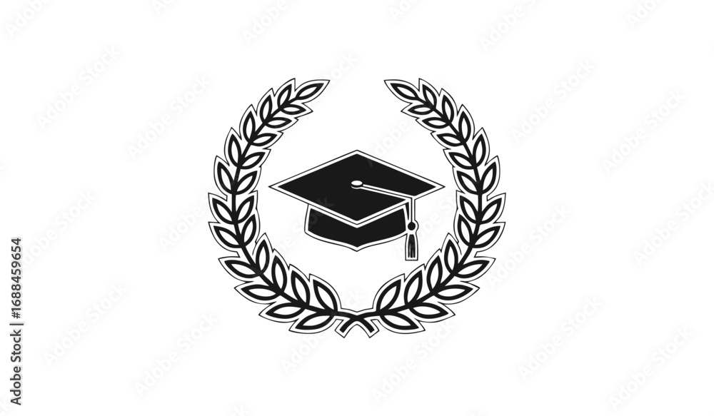 Poster mono color vector of laurel wreath with graduation cap in center