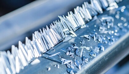 Close up galvanized guardrail cut edge crystalline fringe zinc wallpaper background representing industrial metal detail suitable for construction design