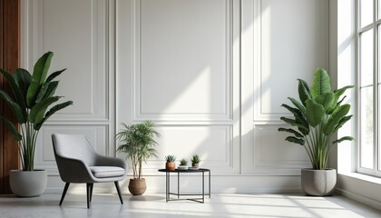 Minimalist office interior featuring elegant dark wood furniture, grey armchair, green plants. Soft white walls, large windows with natural light create peaceful, spacious work environment. Small