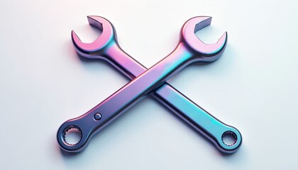 Two metallic wrenches crossed on clean white background. Tools feature iridescent sheen with blue, pink highlights, suggesting advanced material finish. Ideal for concepts related to repair,