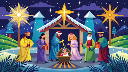 Happy new year celebration vector illustration of a cartoon family with a boy, girl, and baby dancing with fun at a party under a starry sky