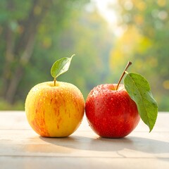 Two Apples on a Wooden Table Outdoors