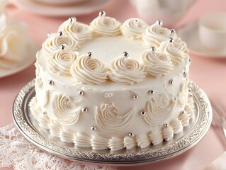 Photo of elegant white cake with whipped cream frosting and silver decorations