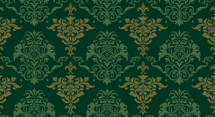 Elegant seamless damask pattern with ornate floral design on dark green background
